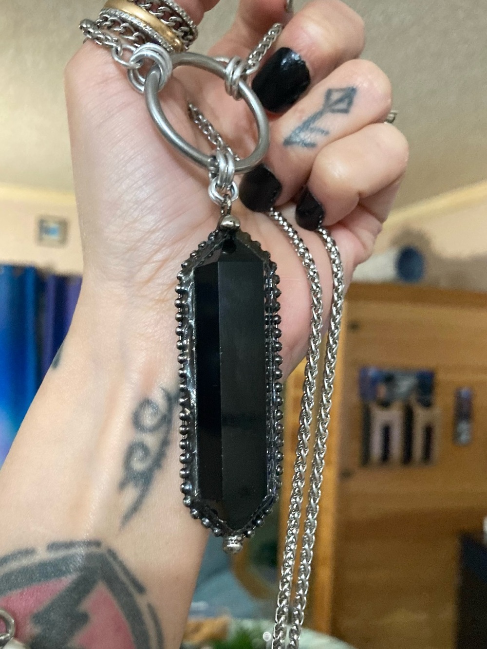 Black smoky crystal quartz boho goth long stainless steel chain necklace - Picture 2 of 13